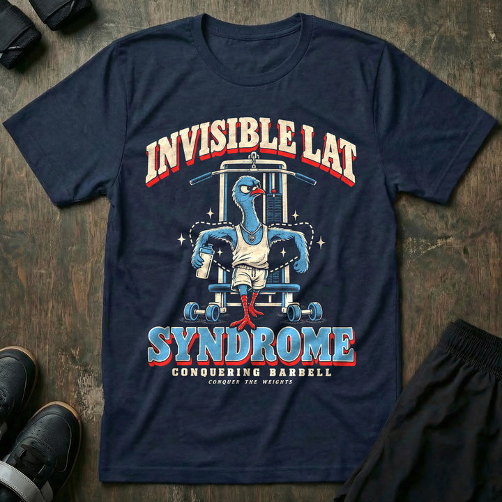 Invisible Lat Syndrome - Tee front graphic in Navy with a skinny pigeon strutting with imaginary lats outlined in dashes - Conquering Barbell