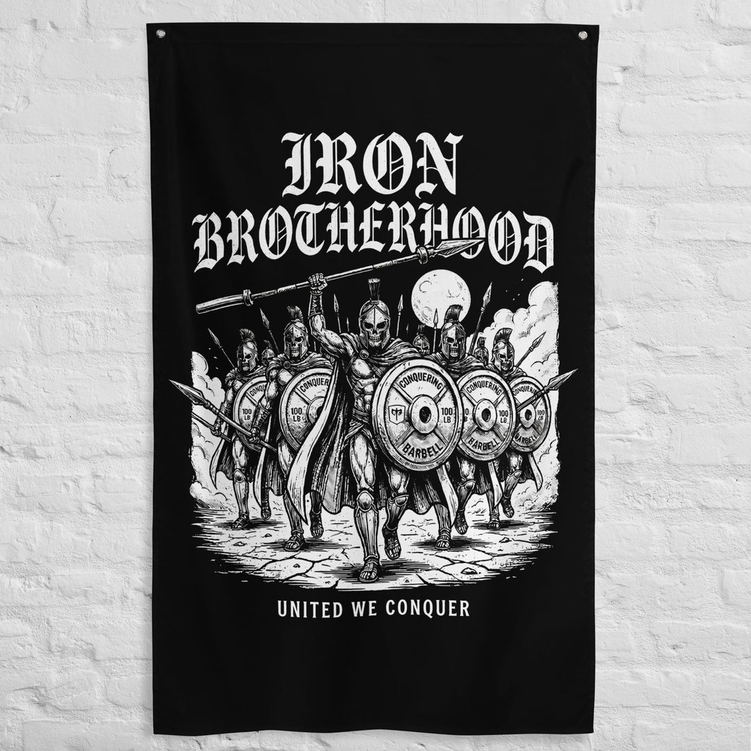 Iron Brotherhood - Polyester Flag, vertical gym flag hanging in a home gym - Conquering Barbell