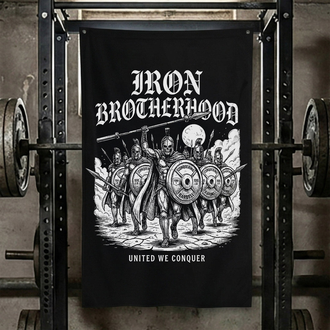 Iron Brotherhood - Polyester Flag, vertical black gym flag with phalanx of armoured warriors behind round shields - Conquering Barbell