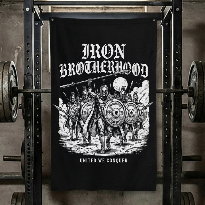 Iron Brotherhood - Polyester Flag, vertical black gym flag with phalanx of armoured warriors behind round shields - Conquering Barbell