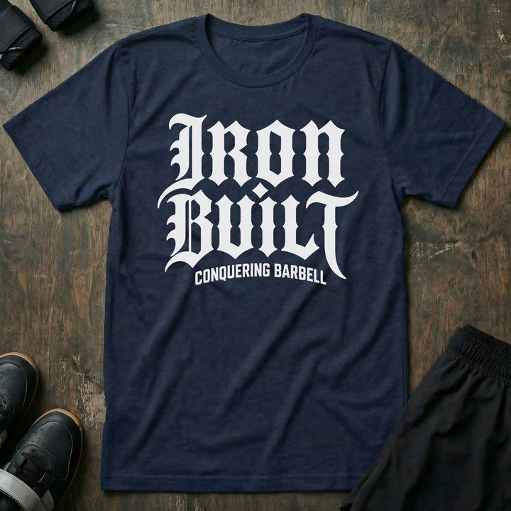 Iron Built tee in Navy: IRON BUILT in oversized old English lettering across the entire front