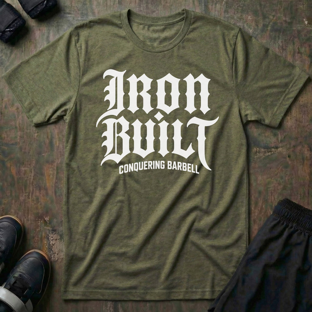 Iron Built tee in Military: IRON BUILT in oversized old English lettering across the entire front