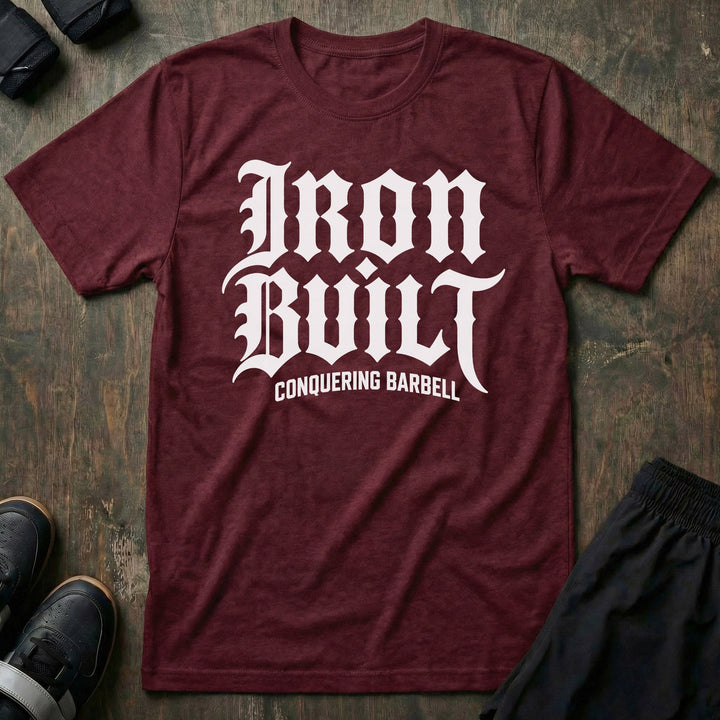 Iron Built tee in Maroon: IRON BUILT in oversized old English lettering across the entire front