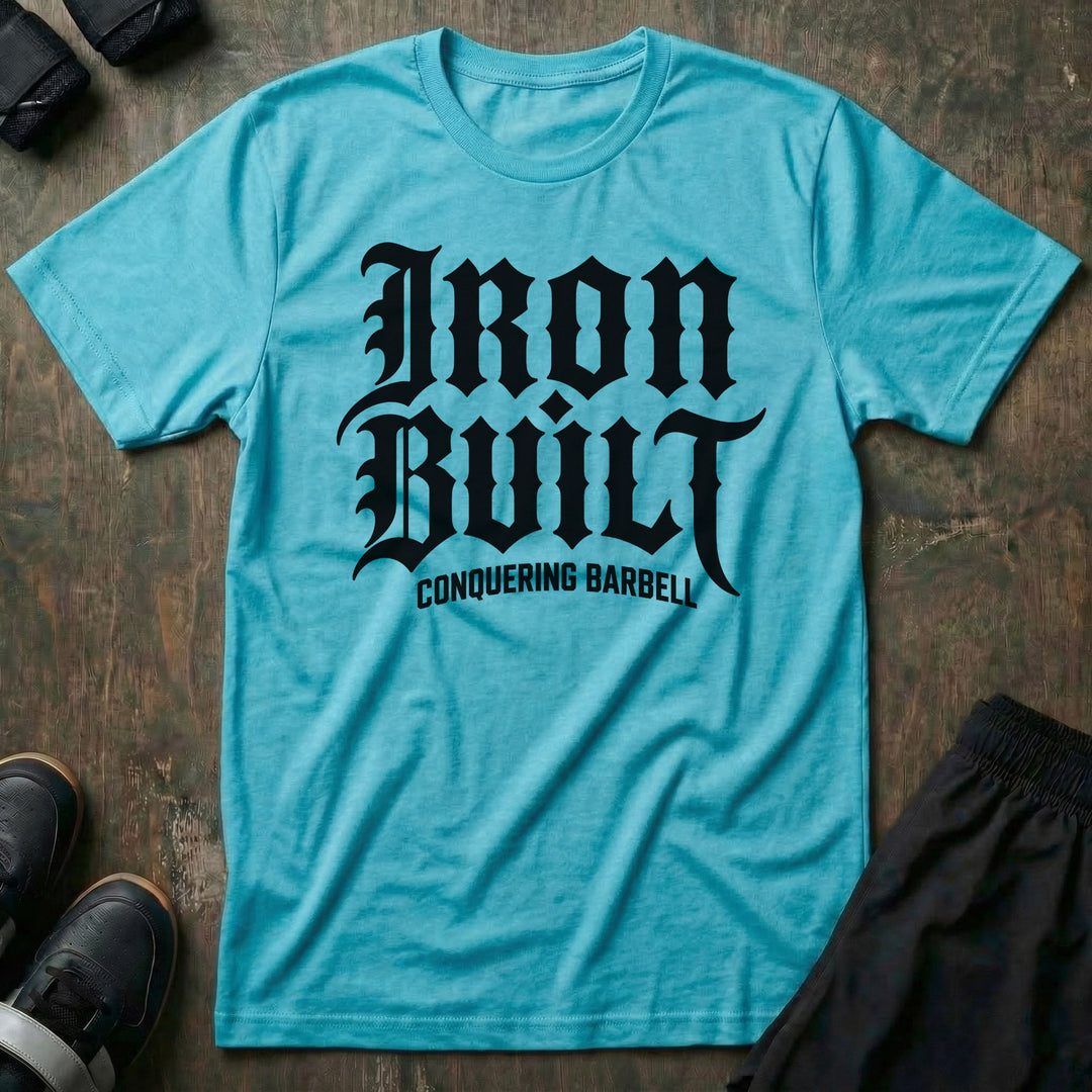 Iron Built tee in Tahiti: IRON BUILT in oversized old English lettering across the entire front