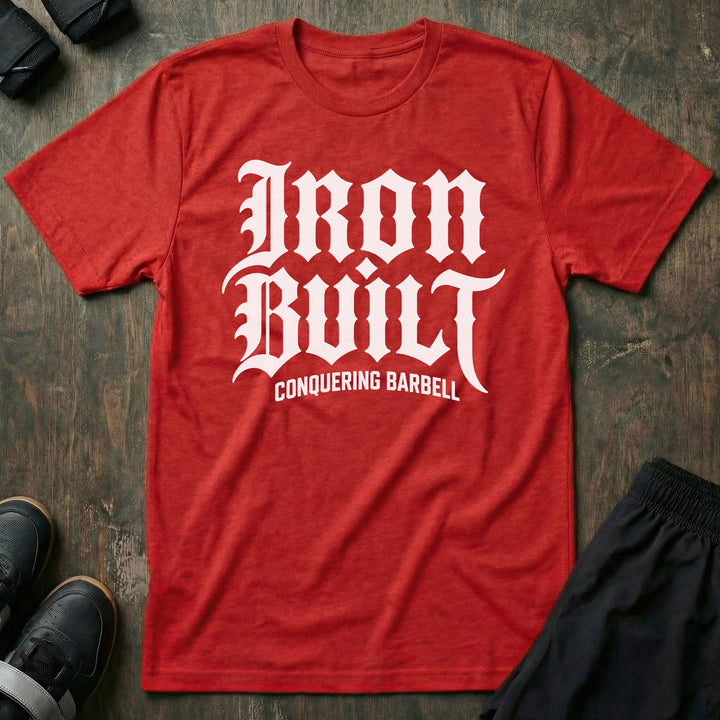 Iron Built tee in Red: IRON BUILT in oversized old English lettering across the entire front