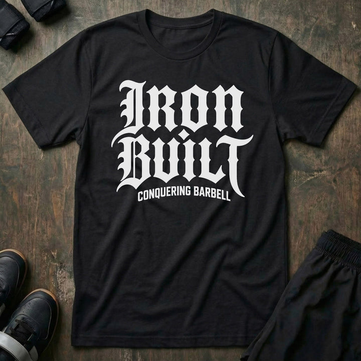 Iron Built tee in Black: IRON BUILT in oversized old English lettering across the entire front