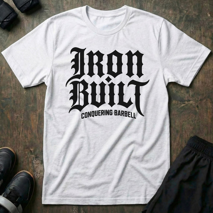 Iron Built tee in White: IRON BUILT in oversized old English lettering across the entire front