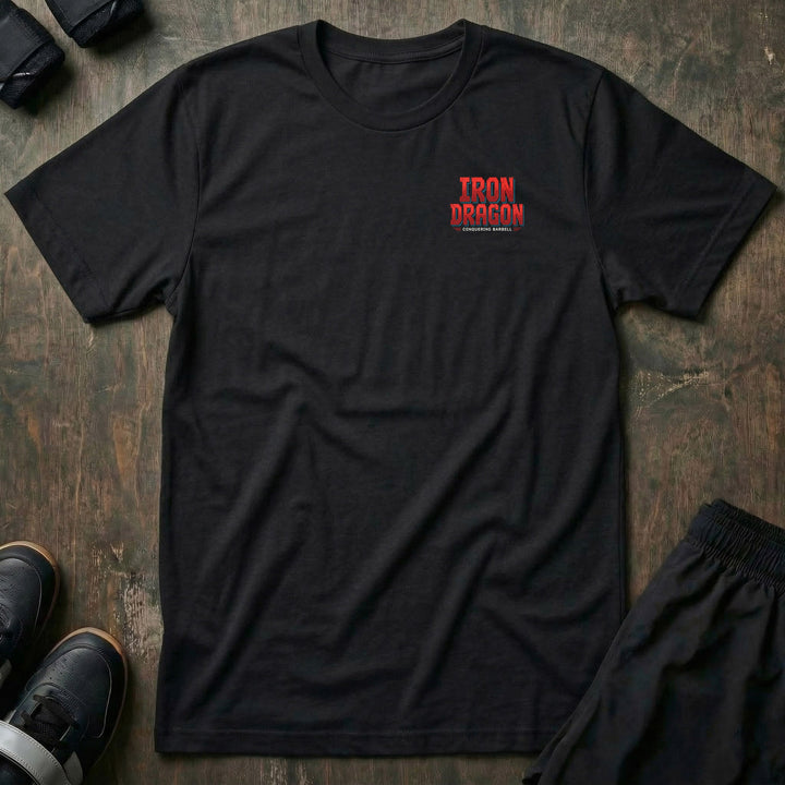 Iron Dragon tee in Black: a pixel-art street scene with two fighters squatting and deadlifting loaded barbells