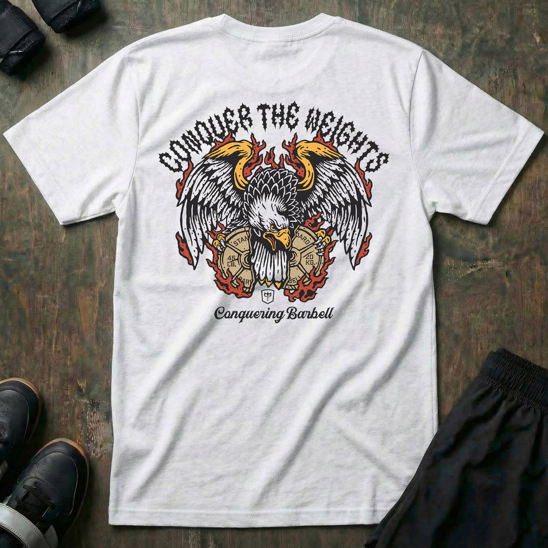 Iron Eagle tee in White: a fierce bald eagle descending with wings spread wide