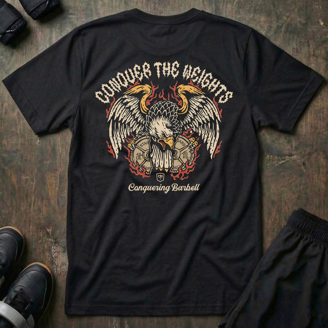 Iron Eagle tee in Black: a fierce bald eagle descending with wings spread wide