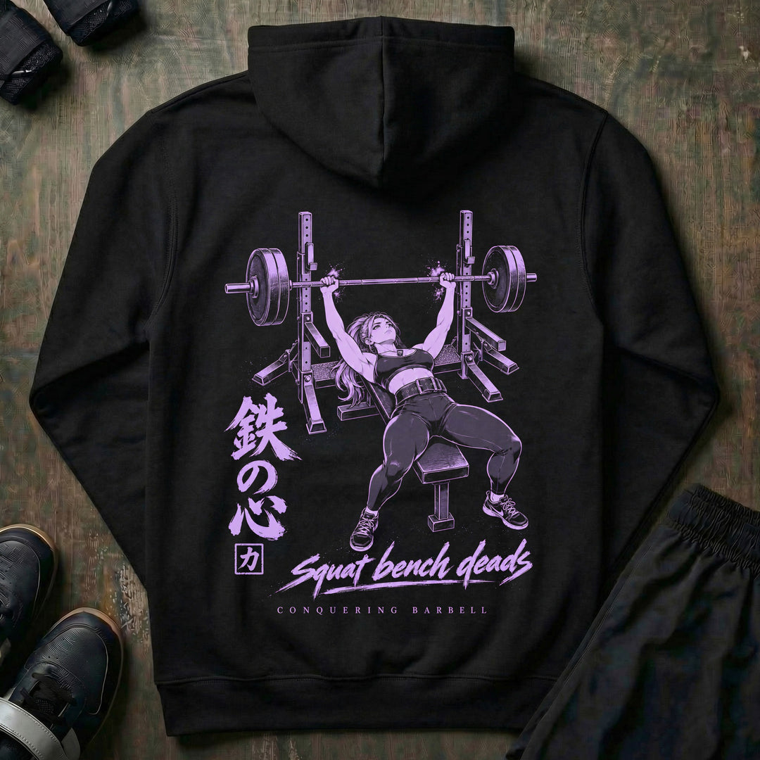 Iron Heart pullover hoodie in Black: lavender line art of an anime lifter bench pressing under the kanji for iron heart