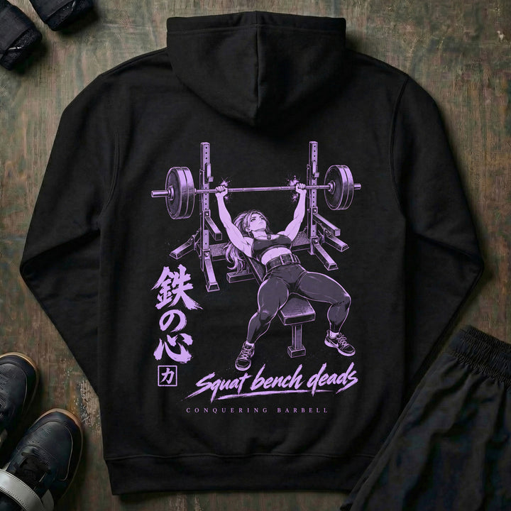 Iron Heart pullover hoodie in Black: lavender line art of an anime lifter bench pressing under the kanji for iron heart