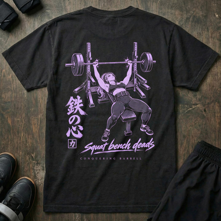 Iron Heart relaxed fit tee in Black: lavender line art of an anime lifter bench pressing under the kanji for iron heart