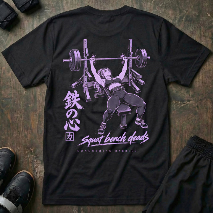Iron Heart tee in Black: lavender line art of an anime lifter bench pressing under the kanji for iron heart