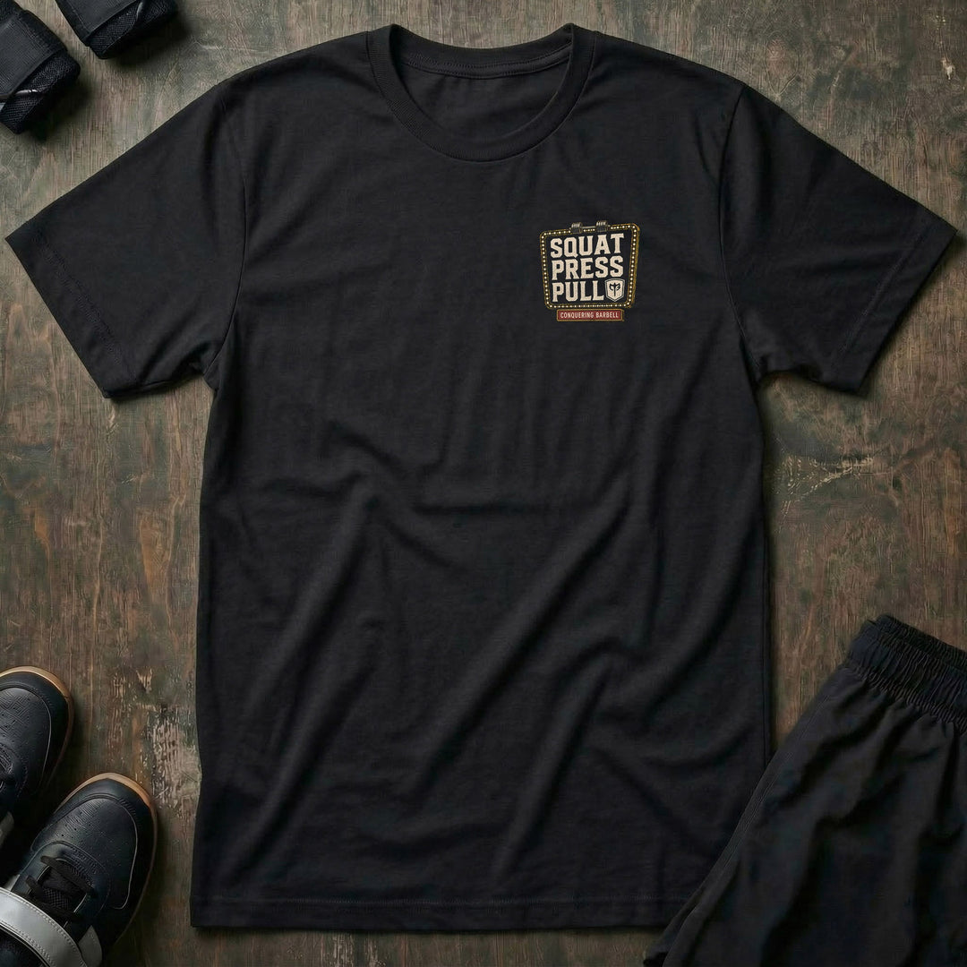 Iron Station tee: a vintage marquee sign framed in bulb lights reading SQUAT PRESS PULL above a retro service station