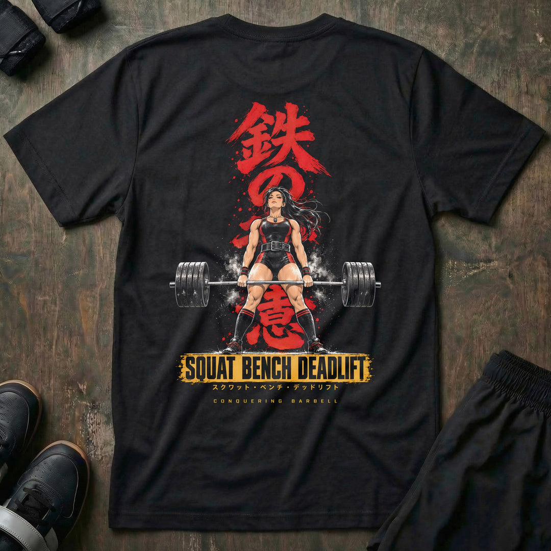 Iron Will tee in Black: an anime lifter locking out a deadlift under the red brush kanji for iron will
