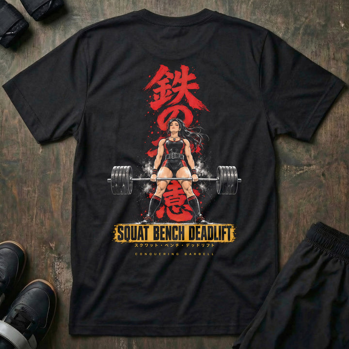 Iron Will tee in Black: an anime lifter locking out a deadlift under the red brush kanji for iron will