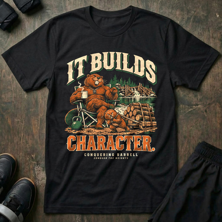 It Builds Character - Tee front graphic in Black with a beaver dad sitting in a camp chair with coffee while a young beaver pulls a sled loaded with logs near a dam - Conquering Barbell