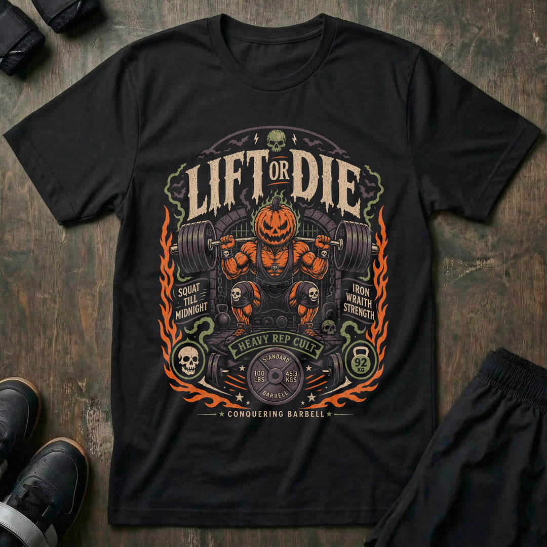 Jack-O'-Lantern Squat - on Black Tee - Conquering Barbell
