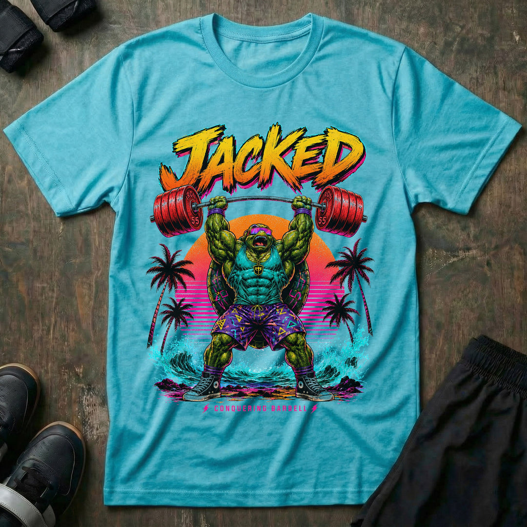 Jacked tee in Tahiti: a massively jacked turtle in goggles