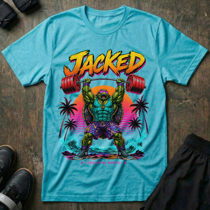 Jacked tee in Tahiti: a massively jacked turtle in goggles