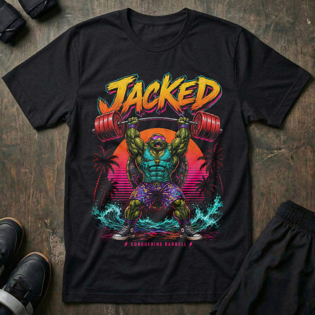Jacked tee in Black: a massively jacked turtle in goggles
