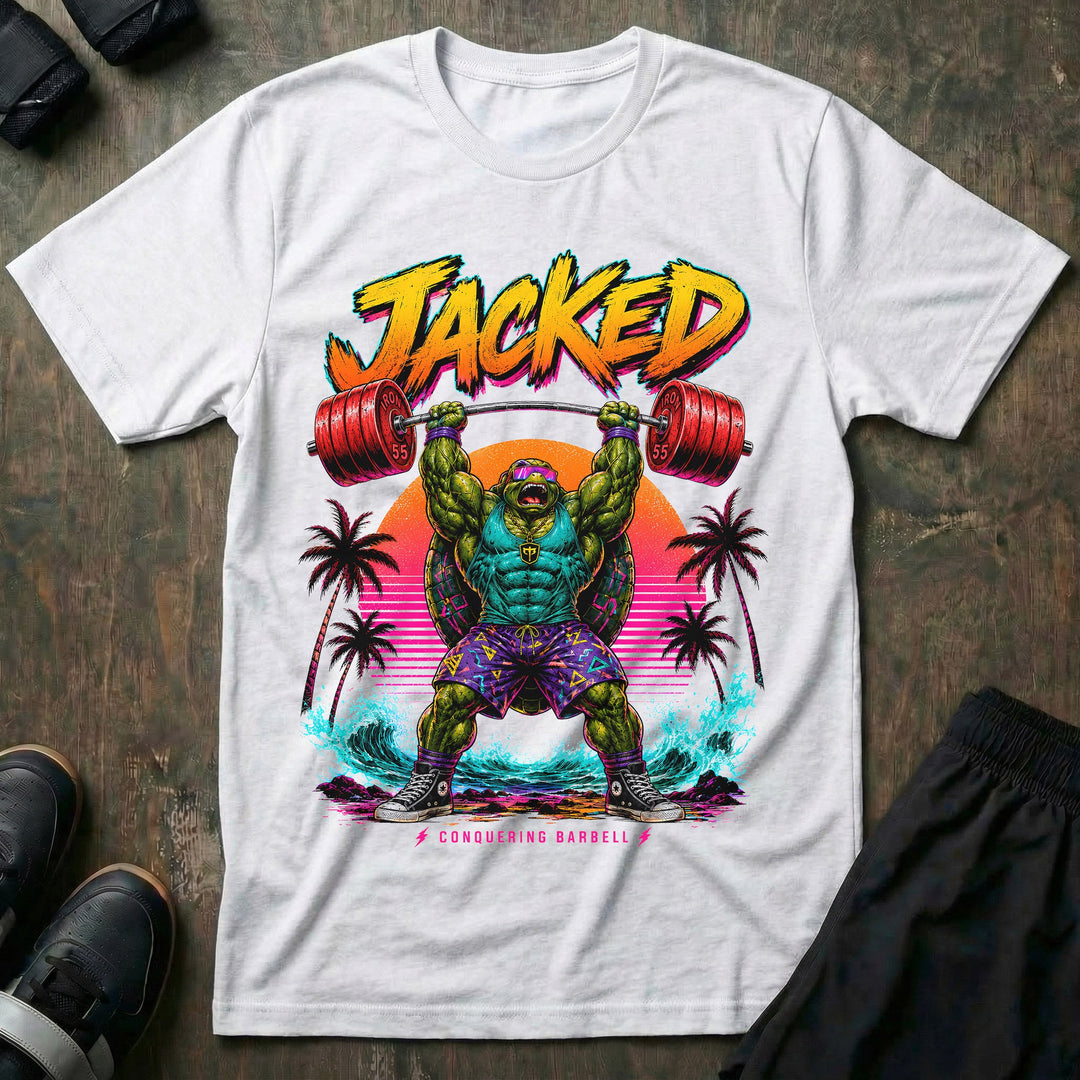 Jacked tee in White: a massively jacked turtle in goggles