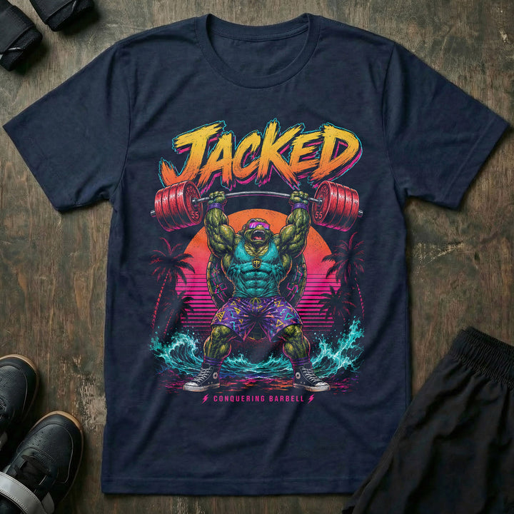 Jacked tee in Navy: a massively jacked turtle in goggles