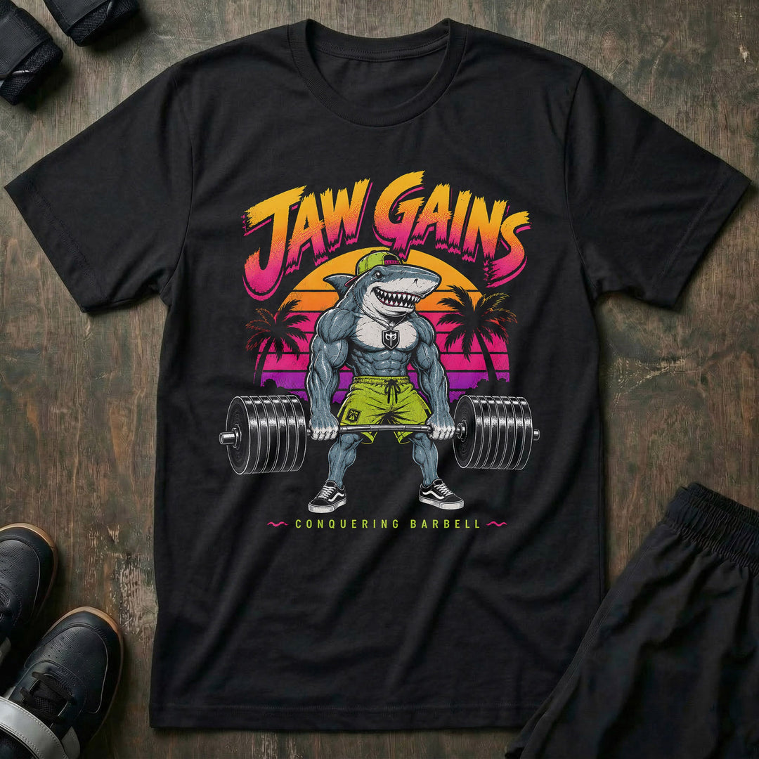 Jaw Gains tee in Black: a jacked shark in a snapback