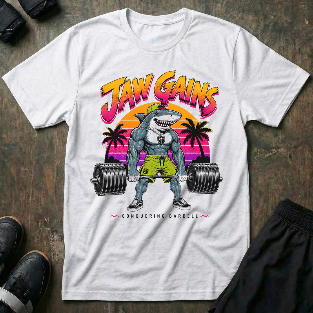 Jaw Gains tee in White: a jacked shark in a snapback