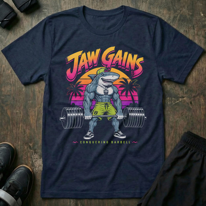 Jaw Gains tee in Navy: a jacked shark in a snapback