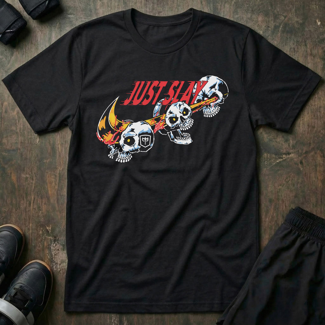 Just Slay - on Black Tee - Conquering Barbell