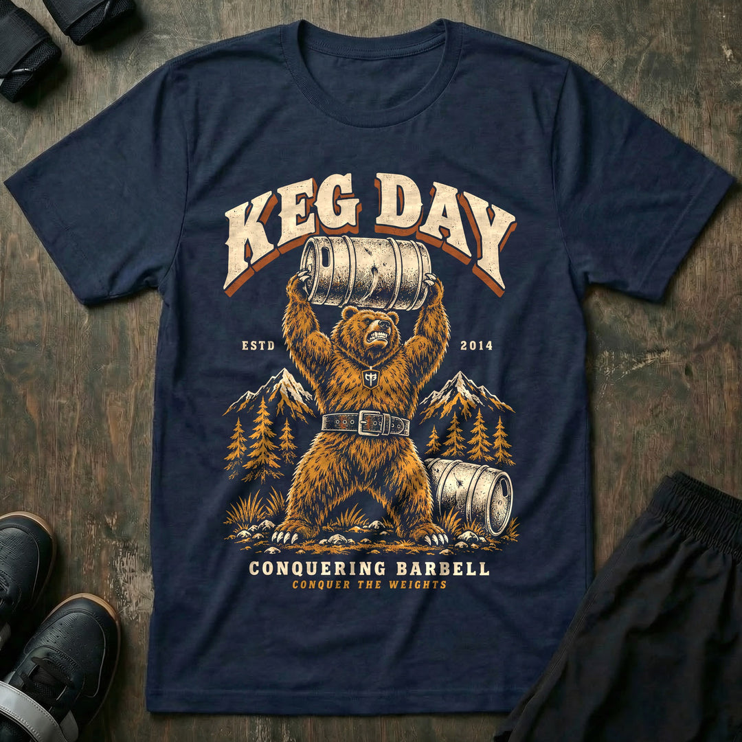 Keg Day - Tee front graphic in Navy with a grizzly bear in a lifting belt pressing a keg overhead - Conquering Barbell