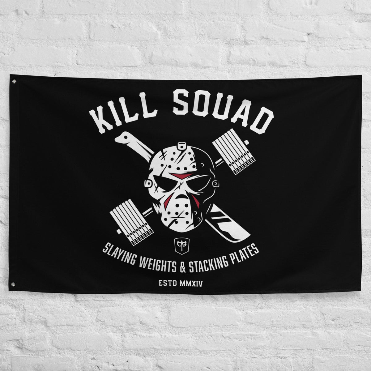Kill Squad Flag - Polyester Flag, horizontal gym flag hanging in a home gym - Conquering Barbell