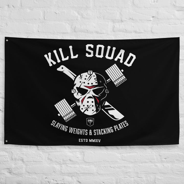 Kill Squad Flag - Polyester Flag, horizontal gym flag hanging in a home gym - Conquering Barbell