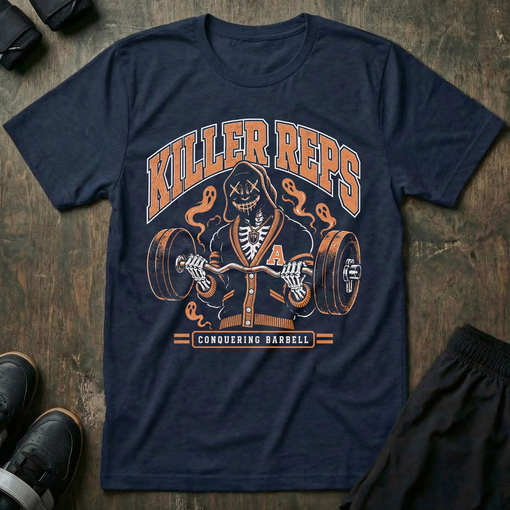 Killer Reps tee in AU Navy: a masked skeletal lifter curling a loaded bar as ghosts rise around him