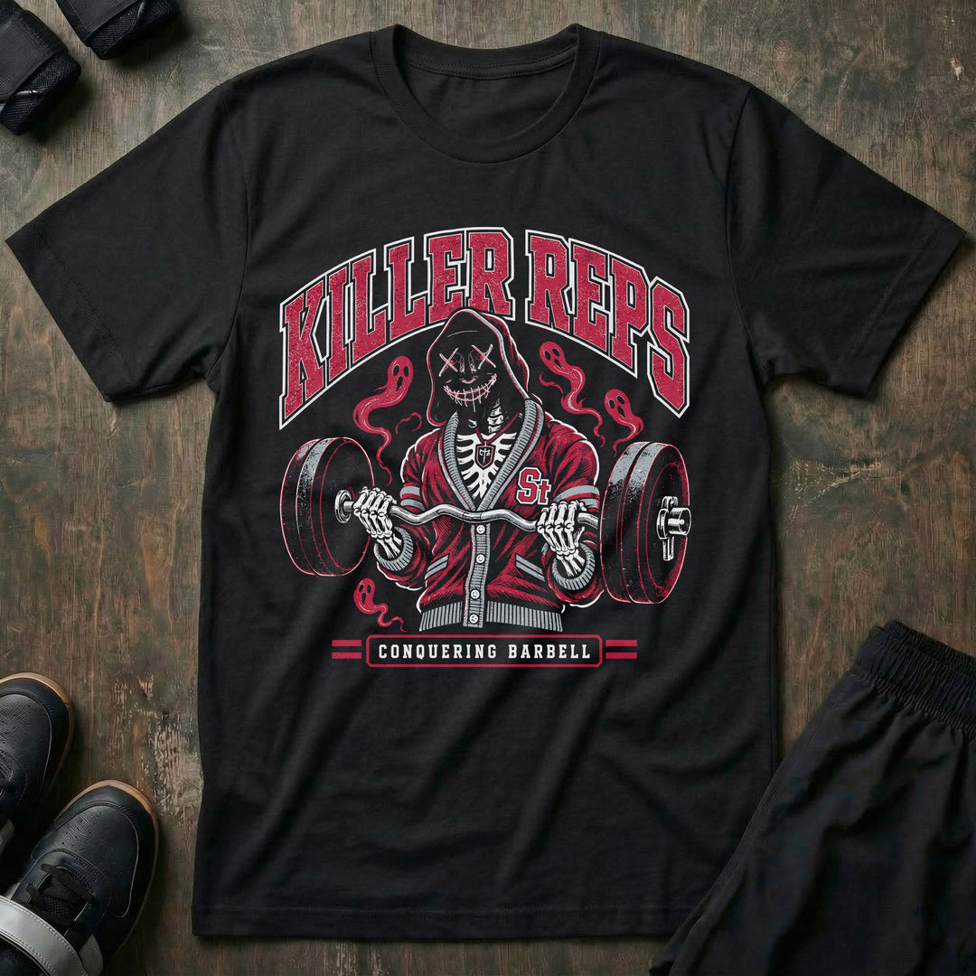 Killer Reps tee in OSU Black: a masked skeletal lifter curling a loaded bar as ghosts rise around him