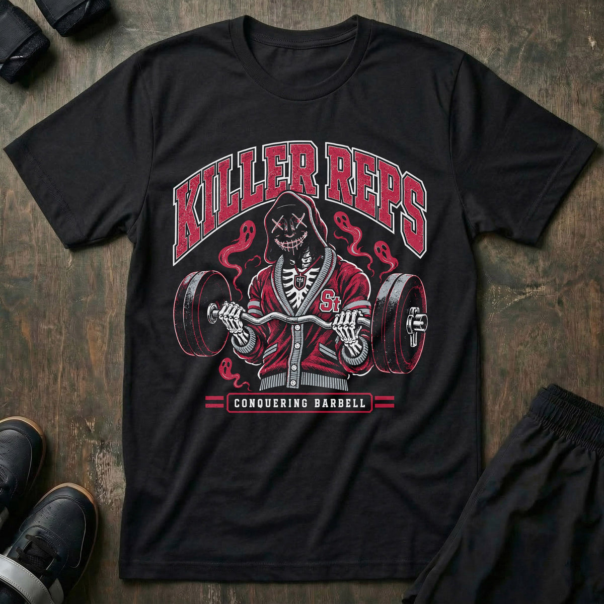 Killer Reps tee in OSU Black: a masked skeletal lifter curling a loaded bar as ghosts rise around him