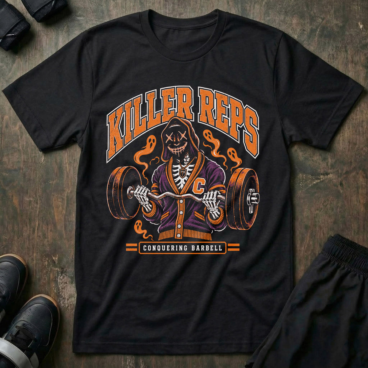Killer Reps tee in CU Black: a masked skeletal lifter curling a loaded bar as ghosts rise around him