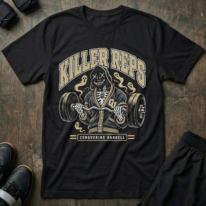 Killer Reps tee in CO Black: a masked skeletal lifter curling a loaded bar as ghosts rise around him
