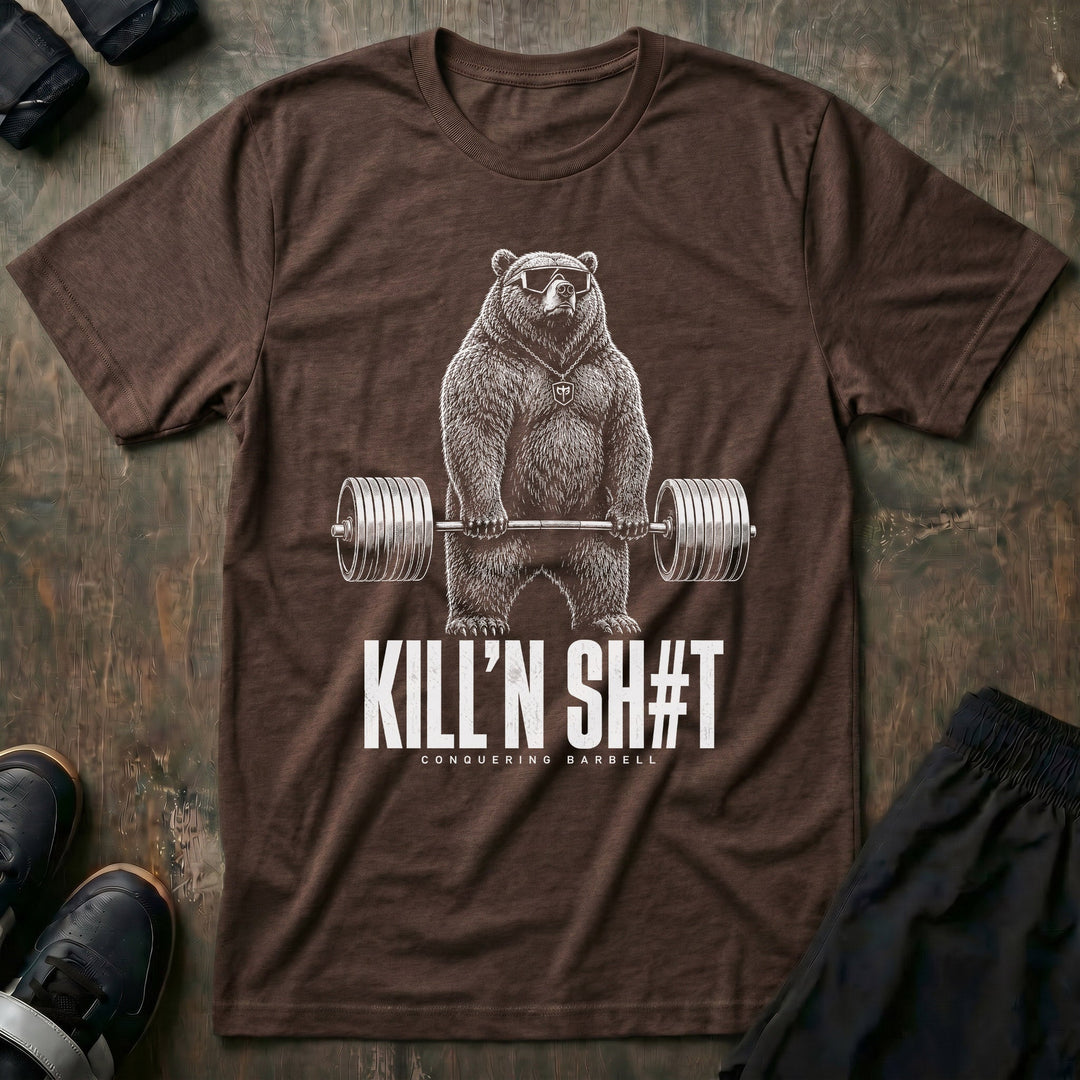 Kill'n Sh#t tee in Expresso: a massive grizzly in sport shades standing over a loaded barbell mid-deadlift