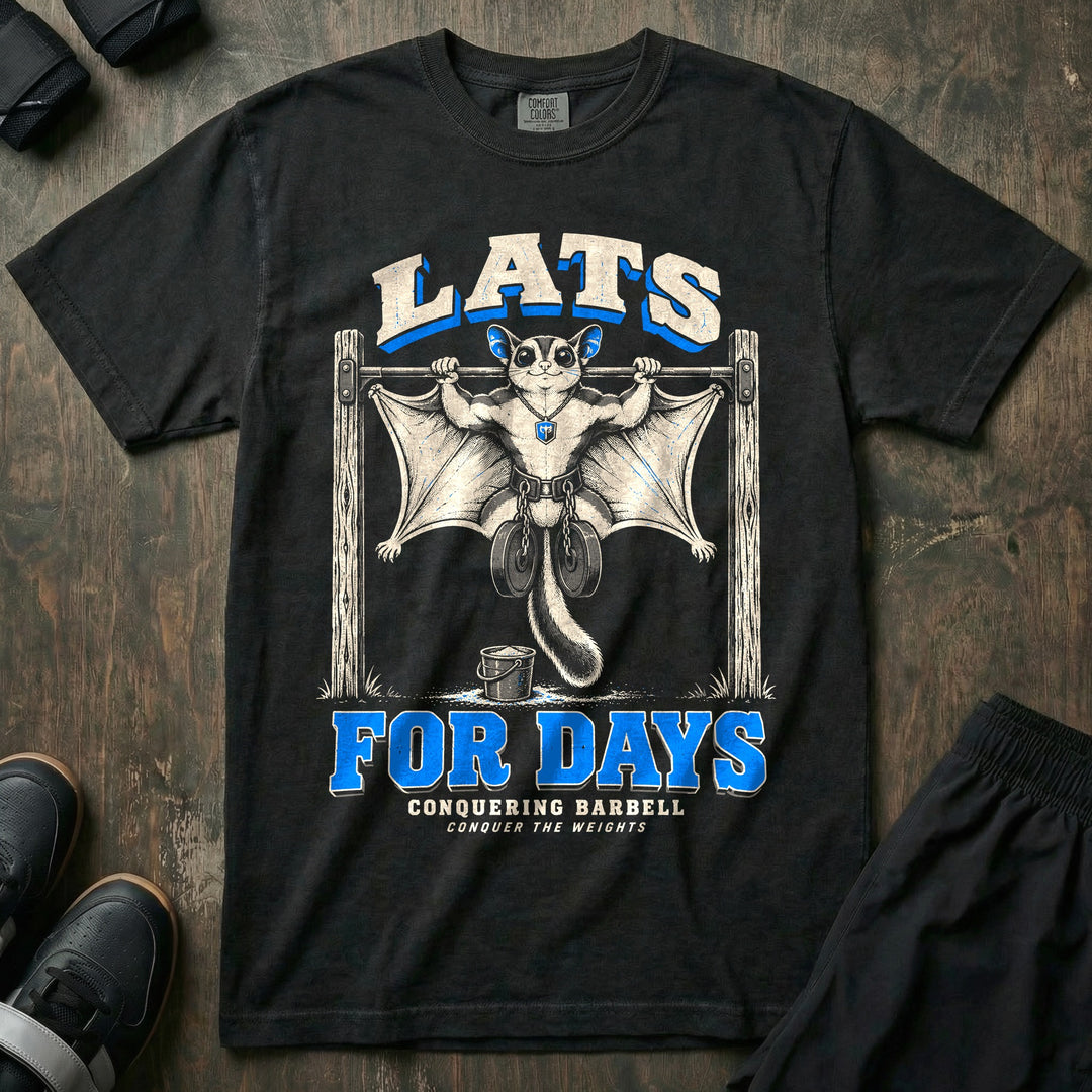 Lats for Days - Relaxed Fit Tee front graphic in Black with a sugar glider doing weighted pull-ups with its gliding skin spread like lats - Conquering Barbell