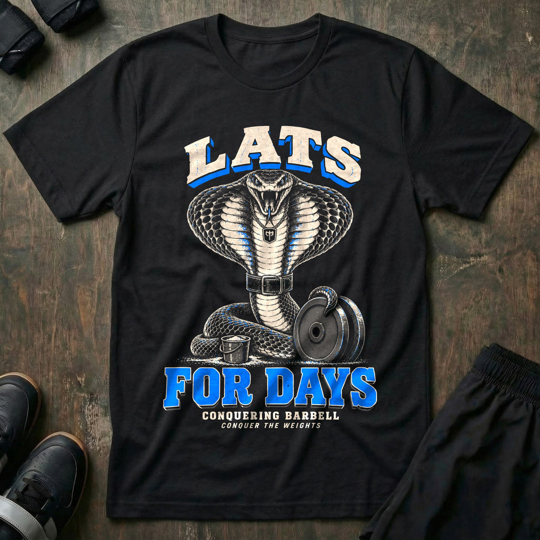 Lats for Days - Tee front graphic in Black with a cobra in a lifting belt flaring its hood like a lat spread - Conquering Barbell