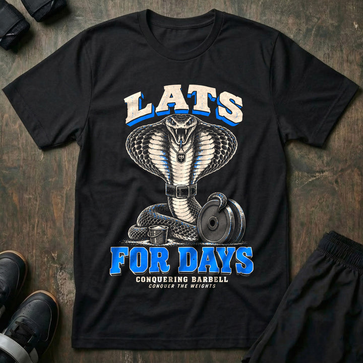 Lats for Days - Tee front graphic in Black with a cobra in a lifting belt flaring its hood like a lat spread - Conquering Barbell