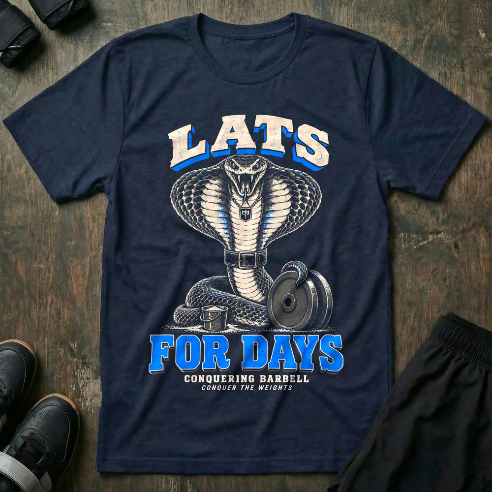 Lats for Days - Tee front graphic in Navy with a cobra in a lifting belt flaring its hood like a lat spread - Conquering Barbell