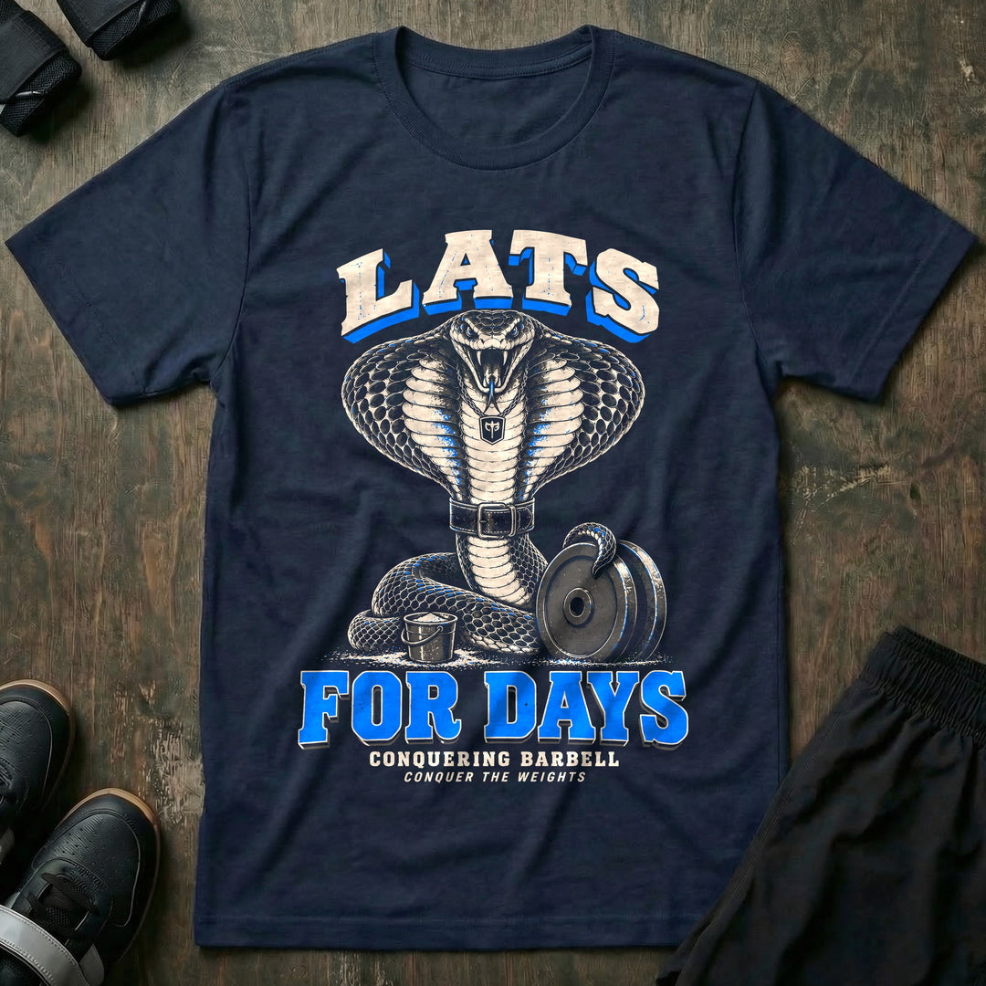 Lats for Days - Tee front graphic in Navy with a cobra in a lifting belt flaring its hood like a lat spread - Conquering Barbell