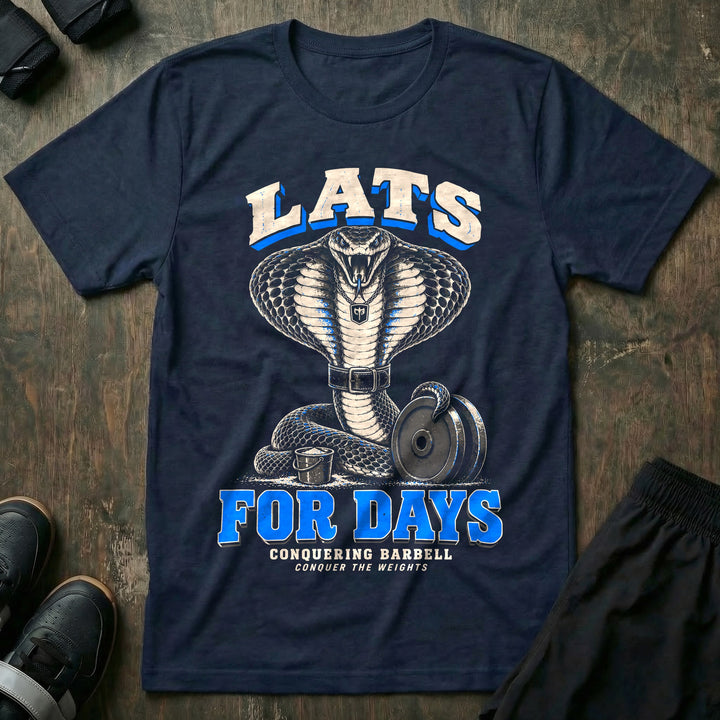 Lats for Days - Tee front graphic in Navy with a cobra in a lifting belt flaring its hood like a lat spread - Conquering Barbell
