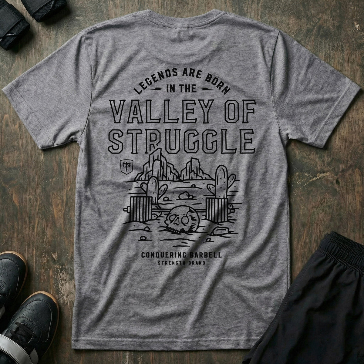 Legends are born in the Valley of Struggle tee in Heathered Grey: a desert valley scene with rock towers and cacti