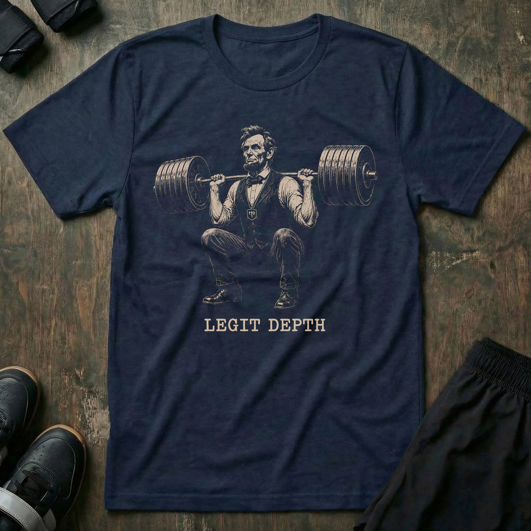 Legit Depth Lincoln Squat tee in Navy: Abraham Lincoln squatting a loaded barbell deep in full formal attire