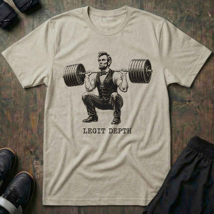 Legit Depth Lincoln Squat tee in Sand: Abraham Lincoln squatting a loaded barbell deep in full formal attire